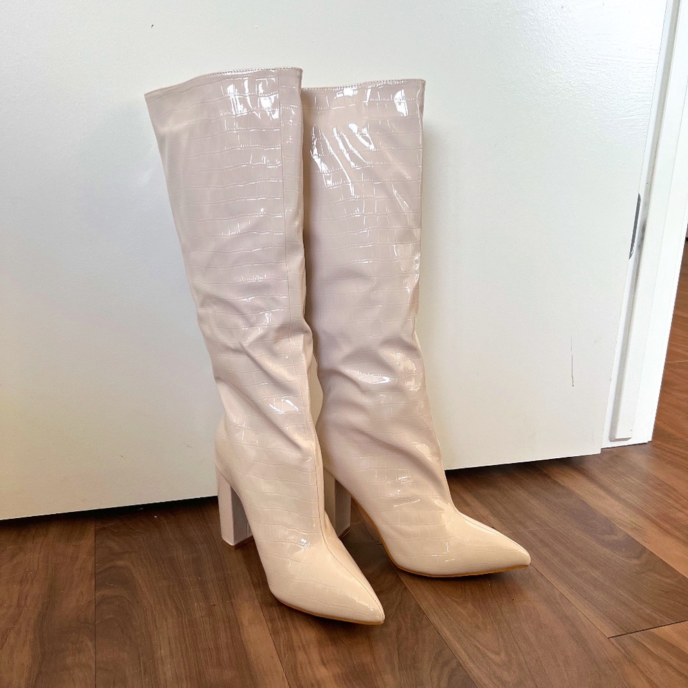 Ivory Faux-Snakeskin Knee High Boots *Brand New*